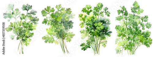 Watercolor set collection with green parsley sprig and leaves isolated on a white background. Healthy food and seasoning. AI generated illustration.