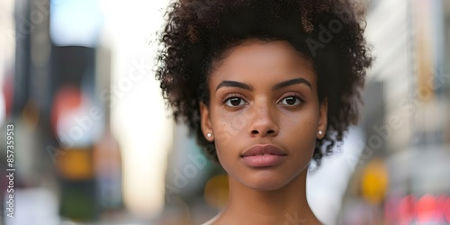 African American woman with focused gaze marches in city protests for change. Concept Black Lives Matter, Protesting for Change, Activism, African American Woman, Empowerment