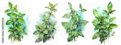 Watercolor set collection with green peppermint sprig and leaves isolated on a white background. Healthy food and seasoning. AI generated illustration.