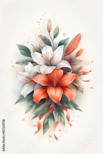 Elegant White and Orange Lily Bouquet With Green Foliage and Ribbon