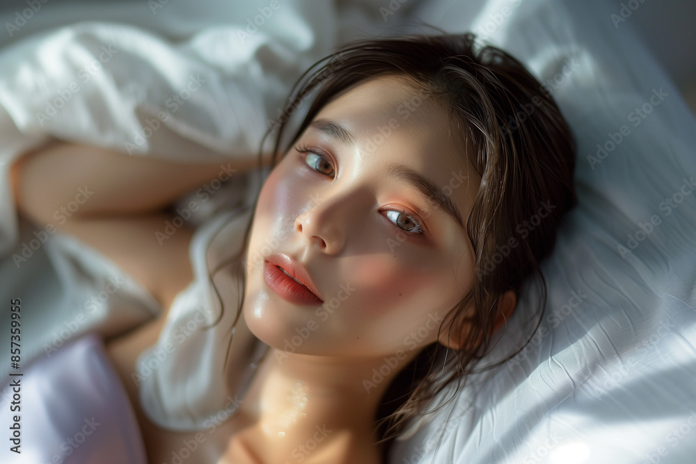 Young Asian woman lying in bed under white sheets. Indoor natural light close-up portrait. Design for poster, greeting card, invitation, postcard Young Asian woman lying in bed under white sheets. Indoor natural light close-up portrait. Design for poster, greeting card, invitation, postcard