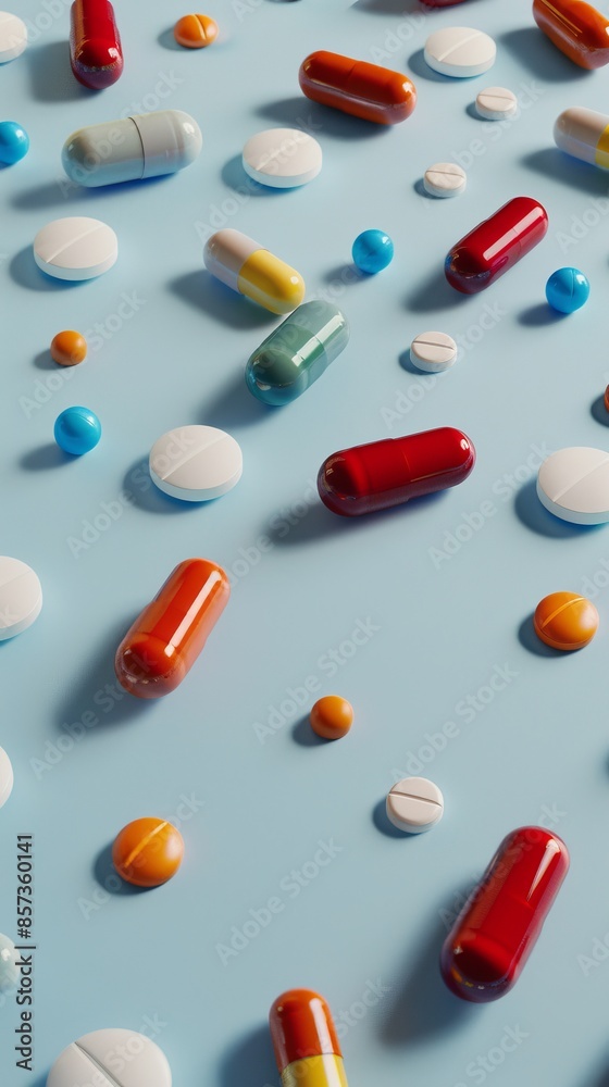 Several assorted pills and capsules on a light blue background. Healthcare and medicine concept Several assorted pills and capsules on a light blue background. Healthcare and medicine concept