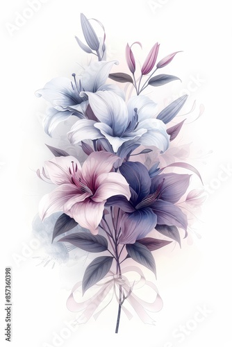Delicate White And Purple Lilies With Elegant Ribbon In A Watercolor Painting