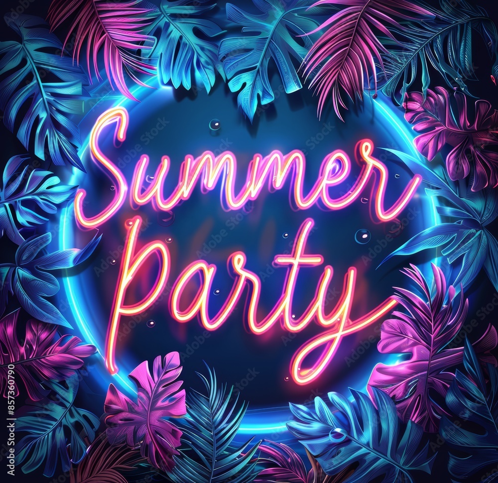 custom made wallpaper toronto digitalNeon-lit Summer Party sign surrounded by vibrant tropical leaves, creating an electrifying and festive atmosphere perfect for summer celebrations