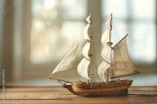 Close up of wooden ship toy model on table in light room hobby concept