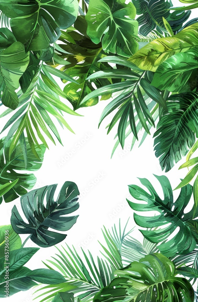 Hand-painted tropical foliage in vibrant green shades, creating an artistic and exotic frame around a white background Hand-painted tropical foliage in vibrant green shades, creating an artistic and exotic frame around a white background