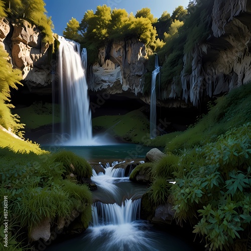 I salti in serie di Bigar in Nera Beusnita si rimpinza del parco nazionale, Romania. Cascata Bigar. Situato all'intersezione con i 45 paralleli in Romania.
 photo