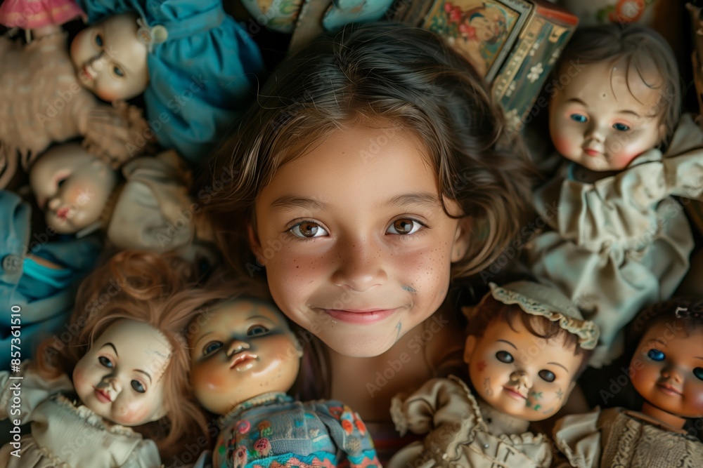 Happy young girl surrounded by her plastic fashion dolls lot of toys, littered with a happy dream view from above. Happy young girl surrounded by her plastic fashion dolls lot of toys, littered with a happy dream view from above.