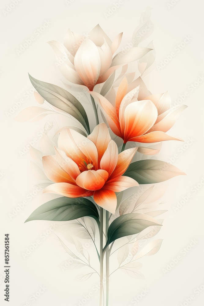 Delicate Peach Flowers With Green Leaves on a Soft White Background Delicate Peach Flowers With Green Leaves on a Soft White Background