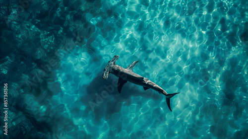 Aerial drone view of a hammerhead shark swimming in the ocean