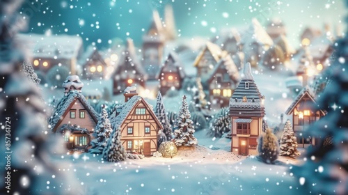 A picturesque scene of a winter village with miniature houses covered in snow, illuminated by warm lights, and a soft snowfall.