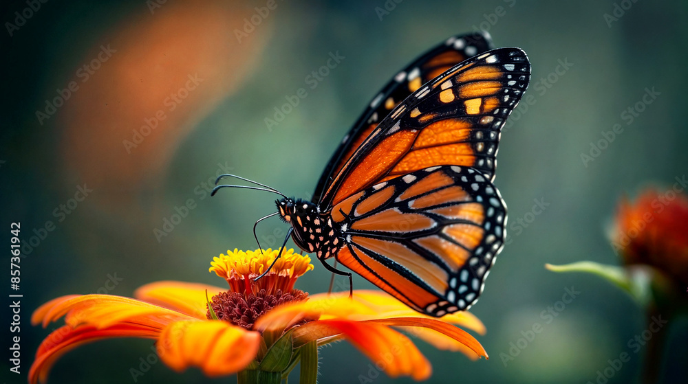 Fototapeta premium Side view of a monarch butterfly sitting on an orange flower blossom