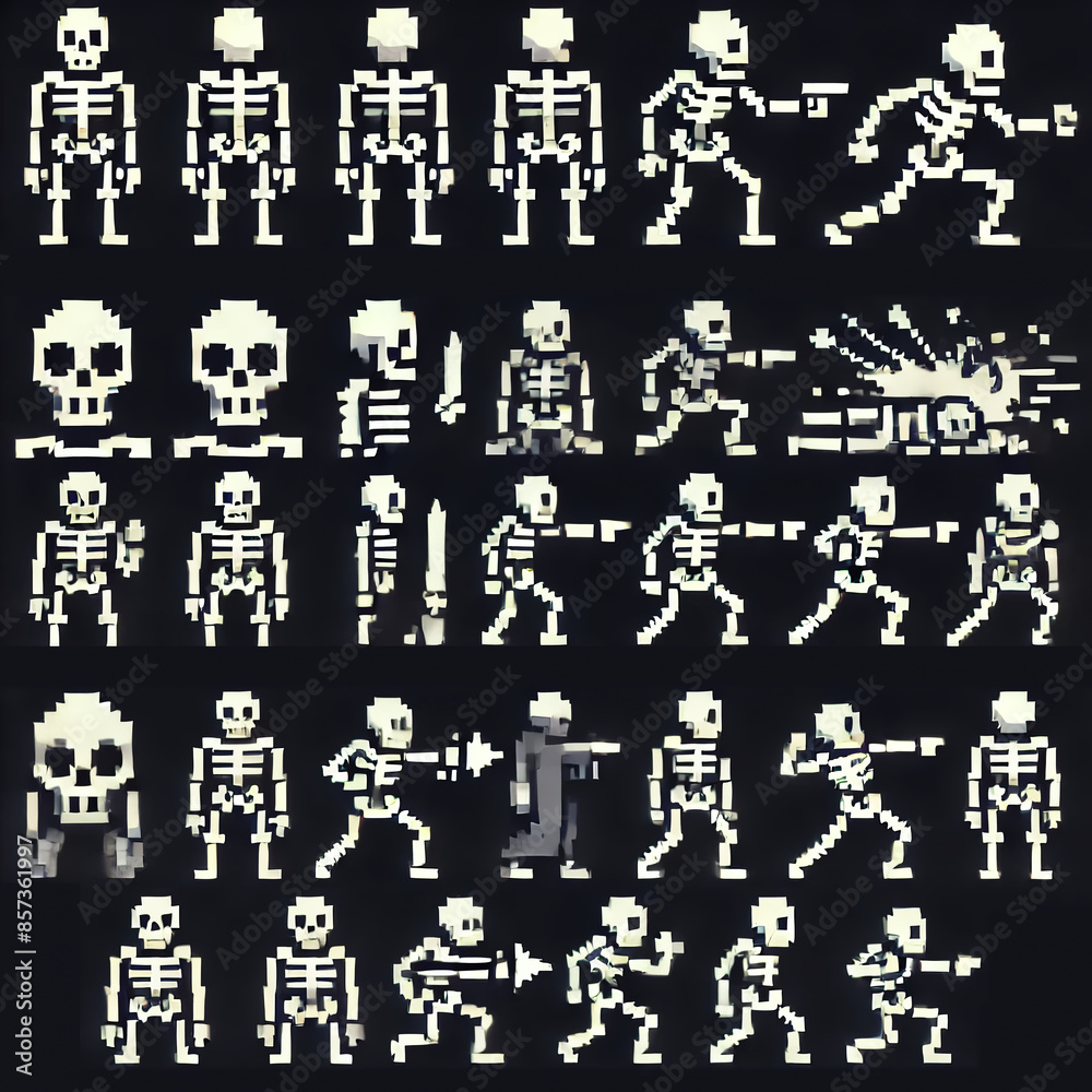 Pixel art sprite sheet featuring a skeleton Pixel art sprite sheet featuring a skeleton