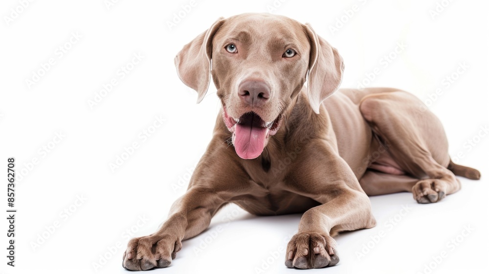 A brown Weimaraner dog lays down with its tongue sticking out, looking directly at the camera in a studio photograph. A brown Weimaraner dog lays down with its tongue sticking out, looking directly at the camera in a studio photograph.