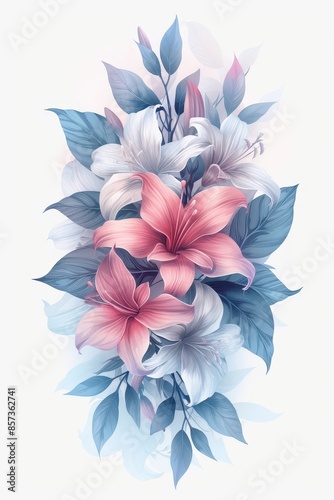 Delicate Pink and White Lilies With Blue Leaves in Watercolor Style