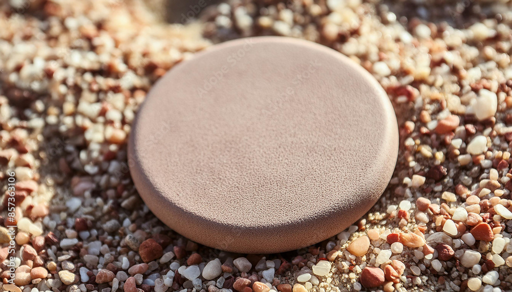 Round stone platform on sandy beach. Pedestal for product presentation. Mock-up. Flat lay Round stone platform on sandy beach. Pedestal for product presentation. Mock-up. Flat lay