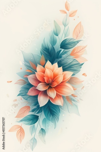 Delicate Watercolor Flower With Teal Leaves