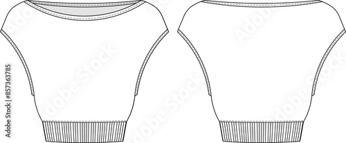boat neck cap short sleeve ribbed hem cropped crop blouse top t-shirt tee template technical drawing flat sketch cad mockup fashion woman design style model

