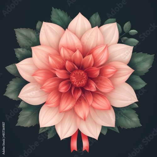 Elegant Pink Dahlia With Red Ribbon on Dark Background