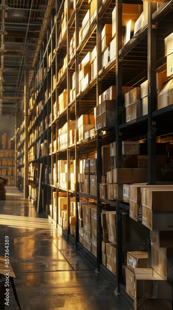 Warehouse with shelves stocked with boxes at sunset, industrial storage and logistics concept Warehouse with shelves stocked with boxes at sunset, industrial storage and logistics concept
