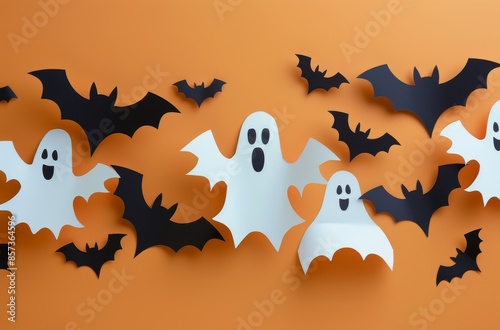 Paper Bat and Ghost Decorations on Orange Background for Halloween