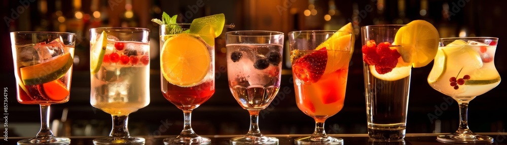 Assorted gin tonic cocktails in wine glasses, sliced fruits, well-lit bar background, vibrant colors, bokeh effect, digital painting Assorted gin tonic cocktails in wine glasses, sliced fruits, well-lit bar background, vibrant colors, bokeh effect, digital painting