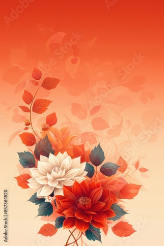 Elegant White and Red Flowers With Leaves on an Orange Background