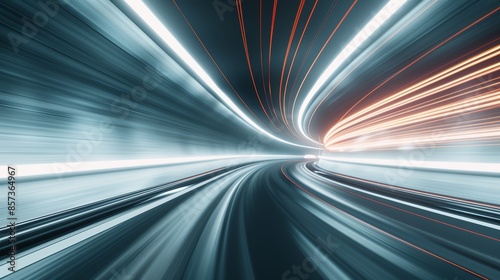 Dynamic motion blur of a car racing through a well-lit concrete tunnel, abstract patterns of light and shadow highlighting the speed and fluidity of movement © JP STUDIO LAB