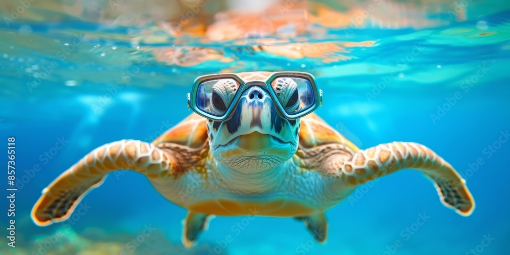Obraz premium Close up of turtle with snorkeling mask. AI generative art