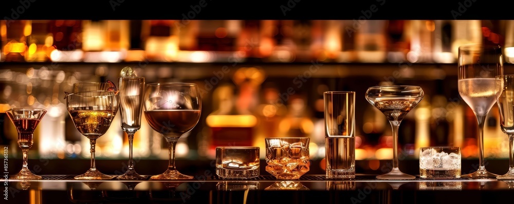 Diverse collection of spirits in elegant glasses, bar counter, dimly lit background, high contrast, cyberpunk style Diverse collection of spirits in elegant glasses, bar counter, dimly lit background, high contrast, cyberpunk style