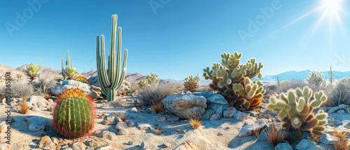 Rocky desert with cacti and clear blue skies photo