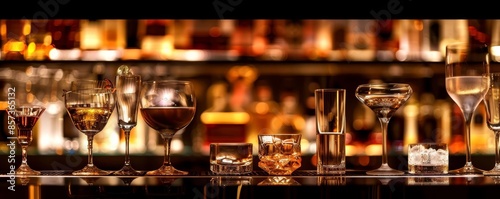 Diverse collection of spirits in elegant glasses, bar counter, dimly lit background, high contrast, cyberpunk style