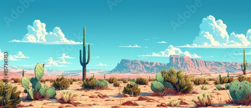 Rocky desert with cacti and clear blue skies
