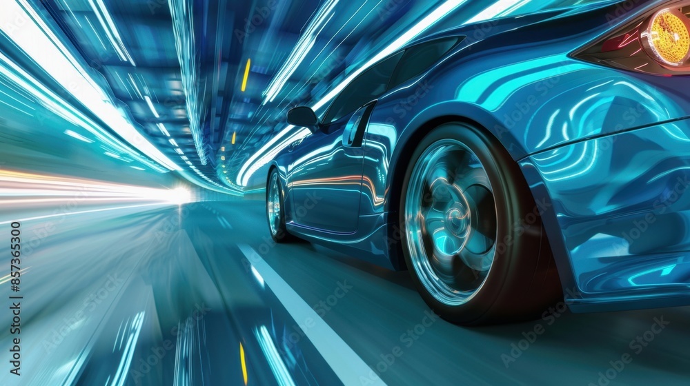A sleek blue sports car zooms through a tunnel with neon lights reflecting on the car's shiny surface. A sleek blue sports car zooms through a tunnel with neon lights reflecting on the car's shiny surface.