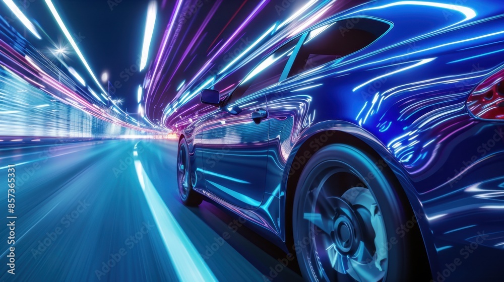 A blue sports car speeds through a city at night, with bright neon lights streaking by. A blue sports car speeds through a city at night, with bright neon lights streaking by.