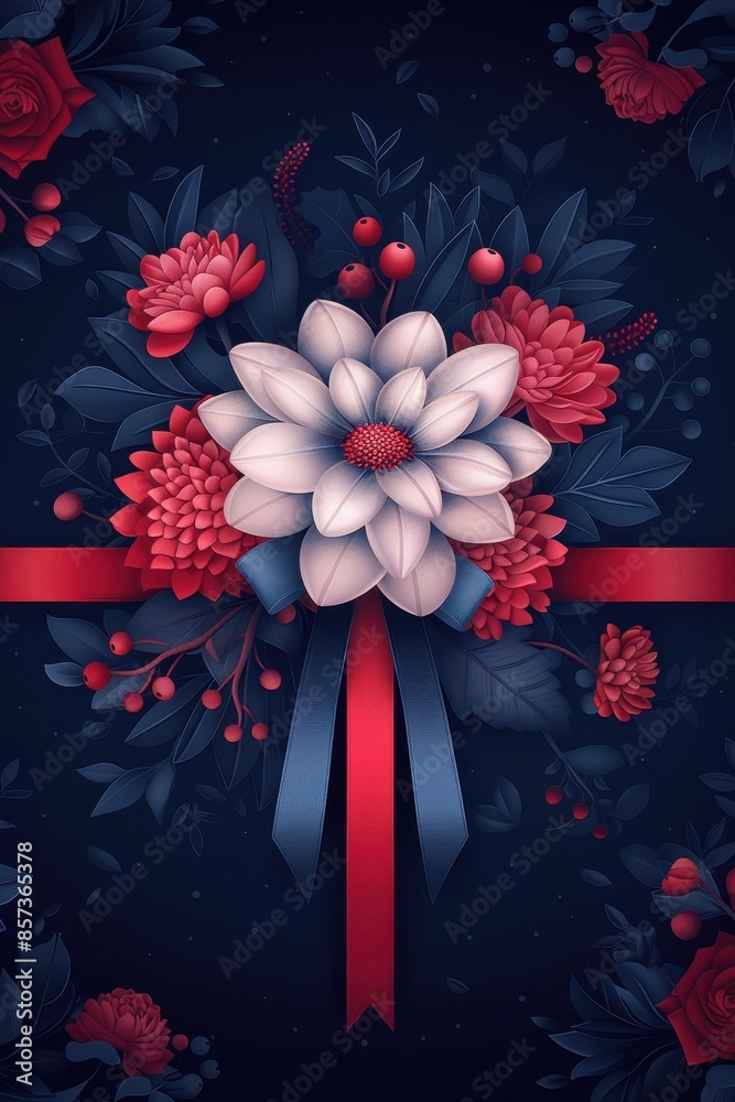 Obraz premium Elegant Red Ribbon and White Flower Bouquet on Dark Blue Background
