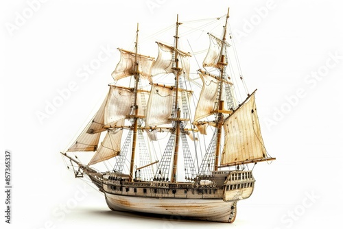 Old frigate model on white background