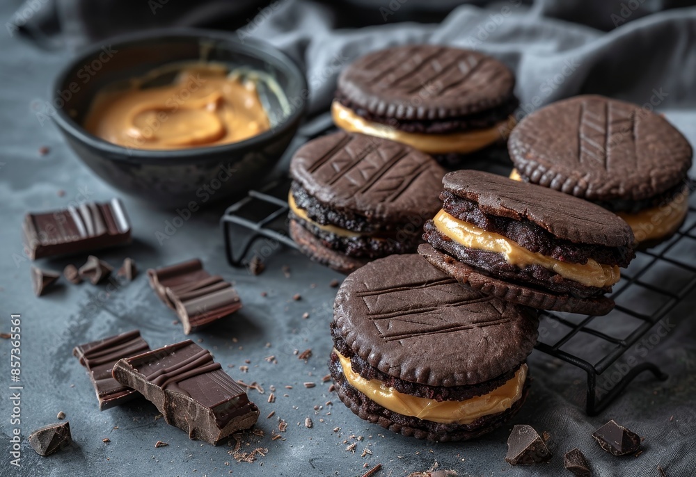 Dark chocolate alfajores on a dark rack with dulce de leche in a bowl against a grey backdrop