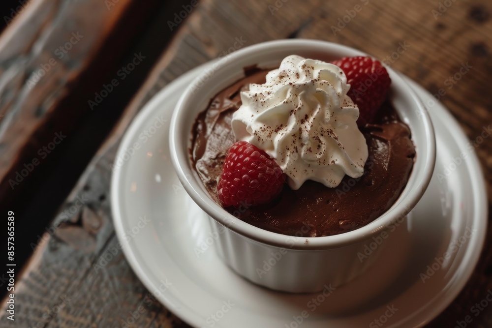 Dark chocolate mousse topped with whipped cream Dark chocolate mousse topped with whipped cream