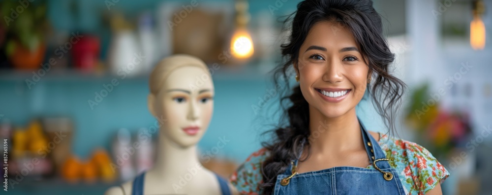 Fototapeta premium A cheerful woman poses with a mannequin in a vibrant, colorful kitchen setting