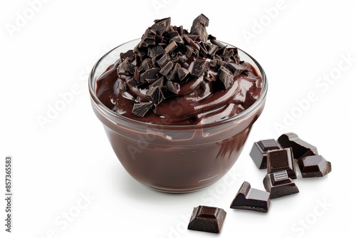 Dark chocolate pudding in glass bowl on white background