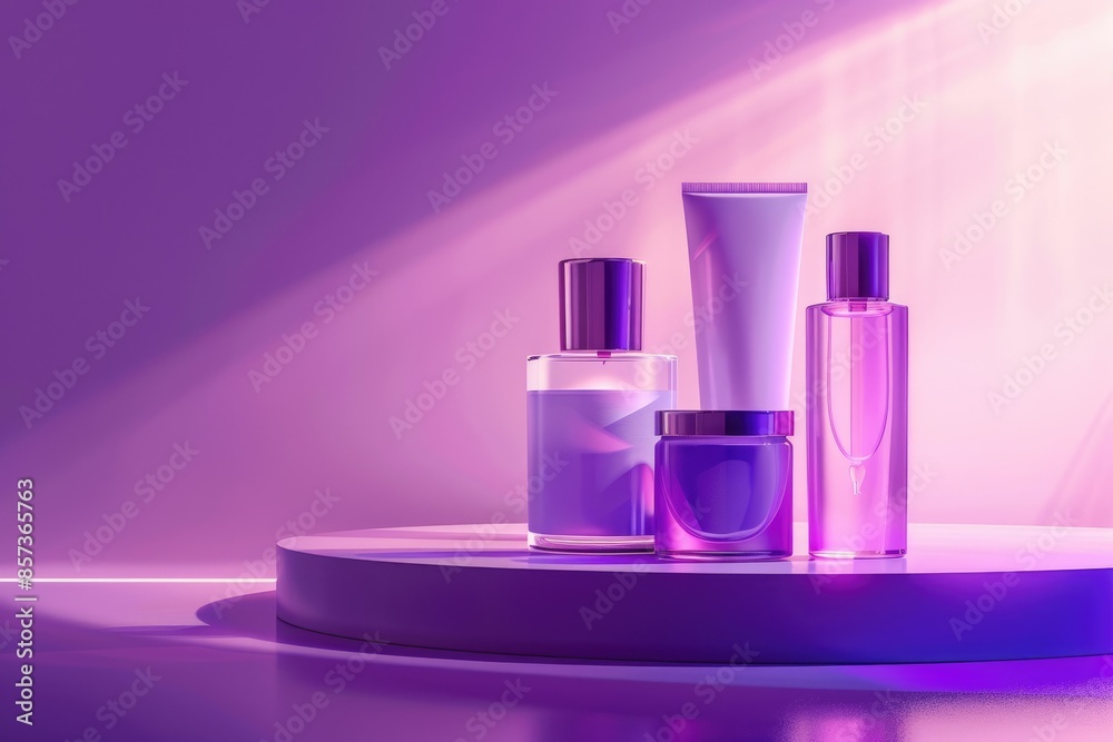 skincare products on podium with dramatic lighting on purple background realistic HD skincare products on podium with dramatic lighting on purple background realistic HD