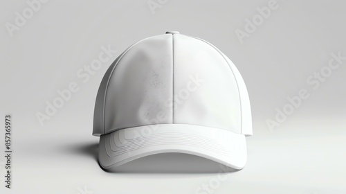 A simple and clean 3D rendering of a white baseball cap. The cap is facing forward and is slightly angled down.