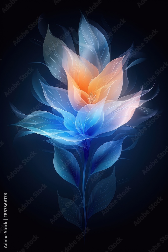 A Single Blue and Orange Flower Glowing in the Dark A Single Blue and Orange Flower Glowing in the Dark