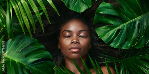 woman with eyes closed and a content smile amidst lush green tropical leaves