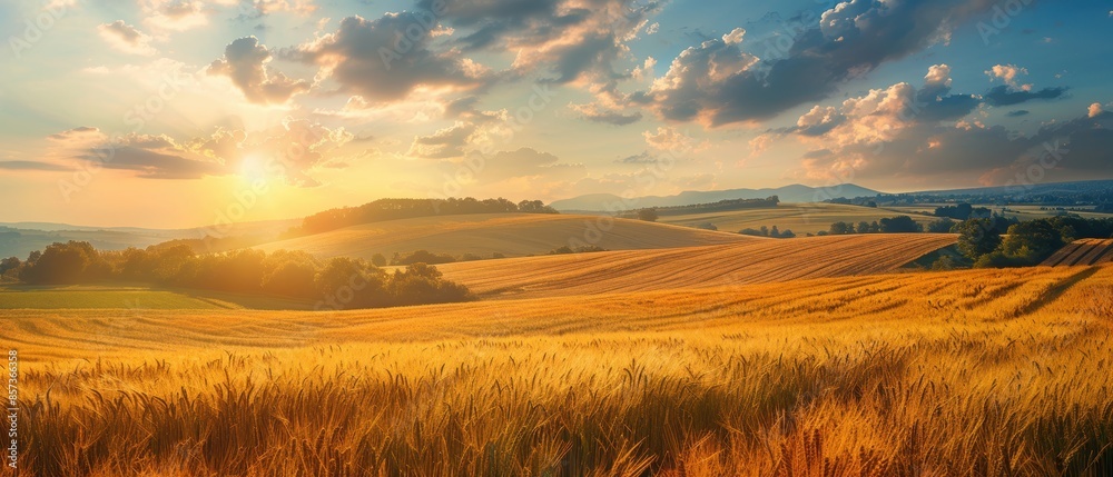 Obraz premium Rolling farmland with golden wheat fields under a sunny sky