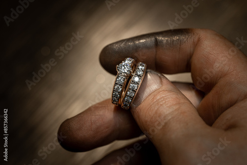 Closeup of a diamond wedding ring and dirty jeweller hands holding it photo