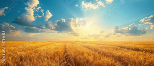 Rolling farmland with golden wheat fields under a sunny sky