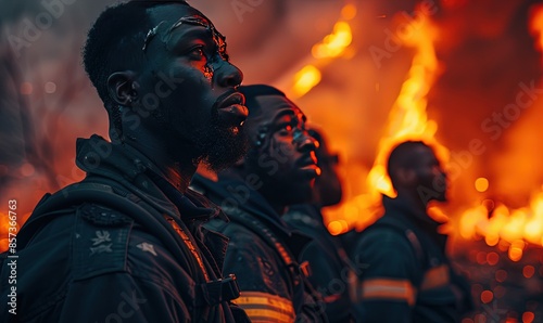 African-American firefighters in uniform amid a wildfire