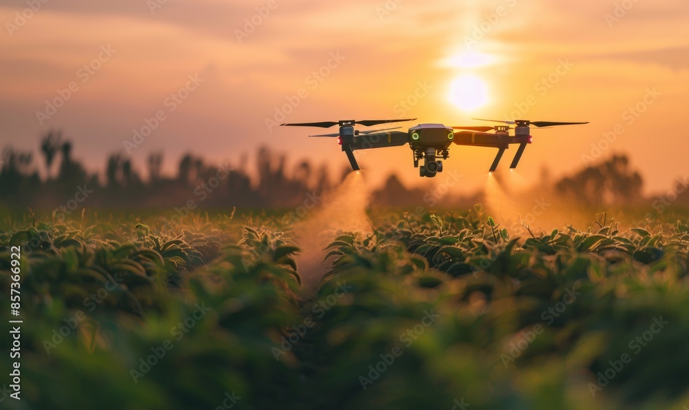 A flying drone spraying pesticides on a wet agricultural field with rows of plants in the early morning sunshine A flying drone spraying pesticides on a wet agricultural field with rows of plants in the early morning sunshine